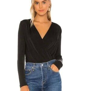 Free People Turnt Surplice-Neck Bodysuit Women's S Black Long Sleeves Pullover